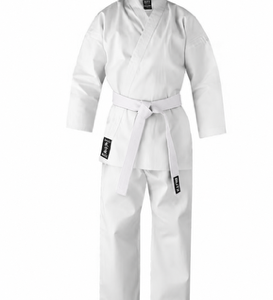 Shinzou 8.5oz white karate gi pictured with optional white belt; belt sold separately