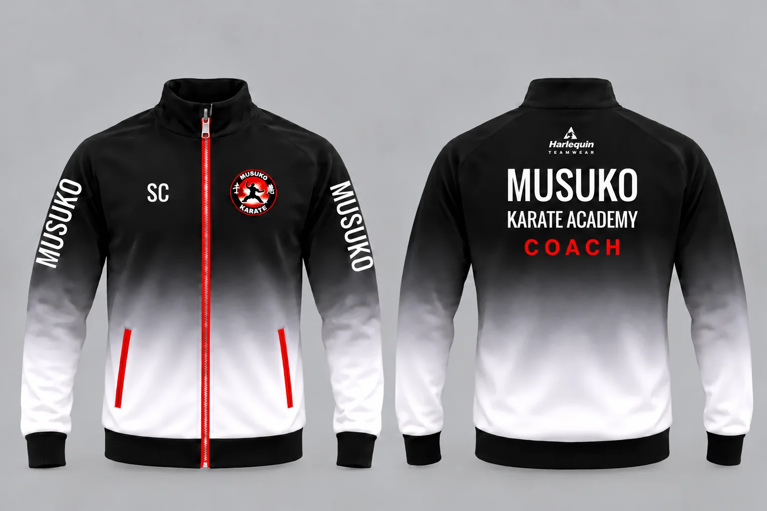 Musuko Karate Academy Club Track Top in black to white gradient with Coach back print